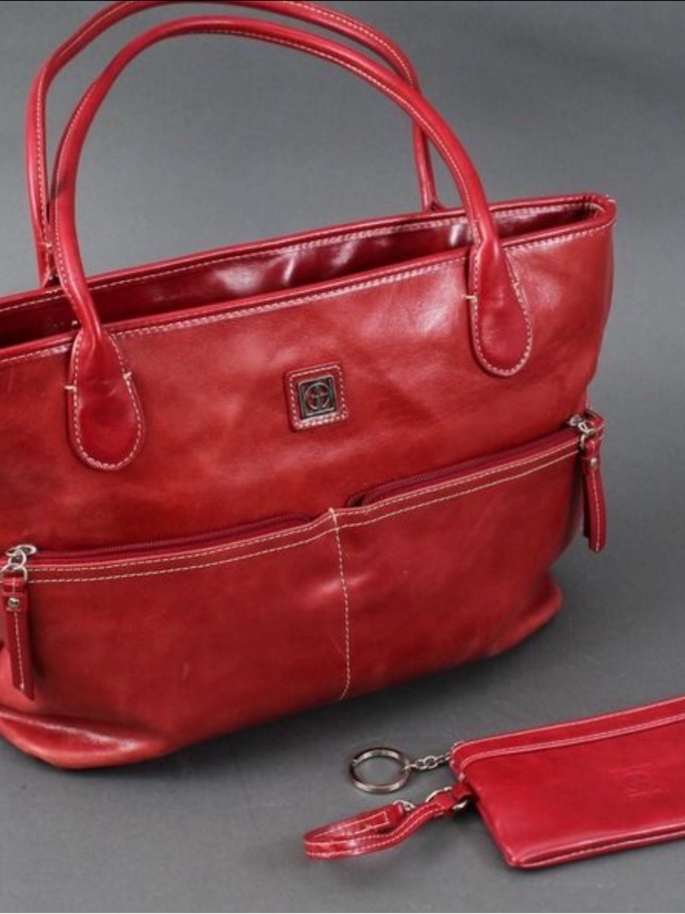 Gianni Bernini Red Leather Tote with Matching Wristlet - Women's Everyday Bag